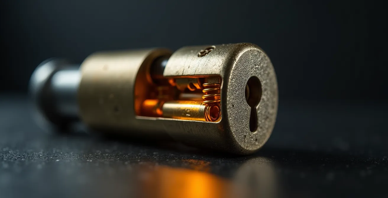Gros plan sur un cylindre de serrure haute sécurité avec goupilles visibles