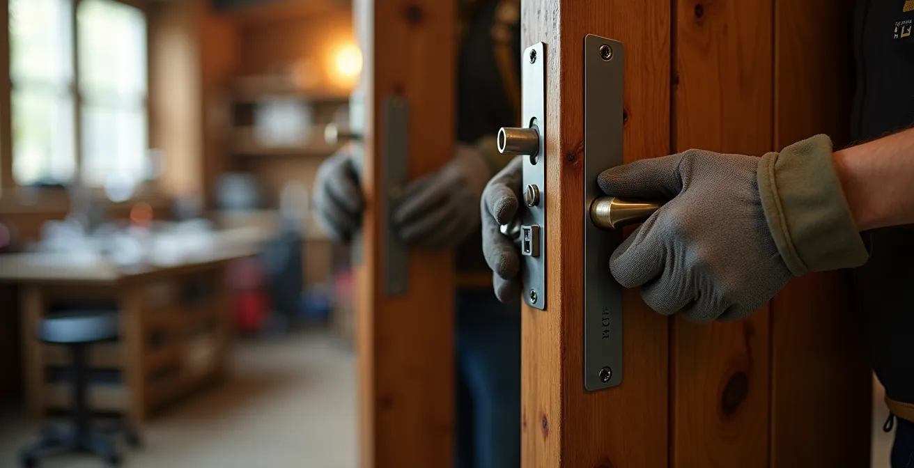 Artisan serrurier installant une serrure multipoints sur une porte d'entrée