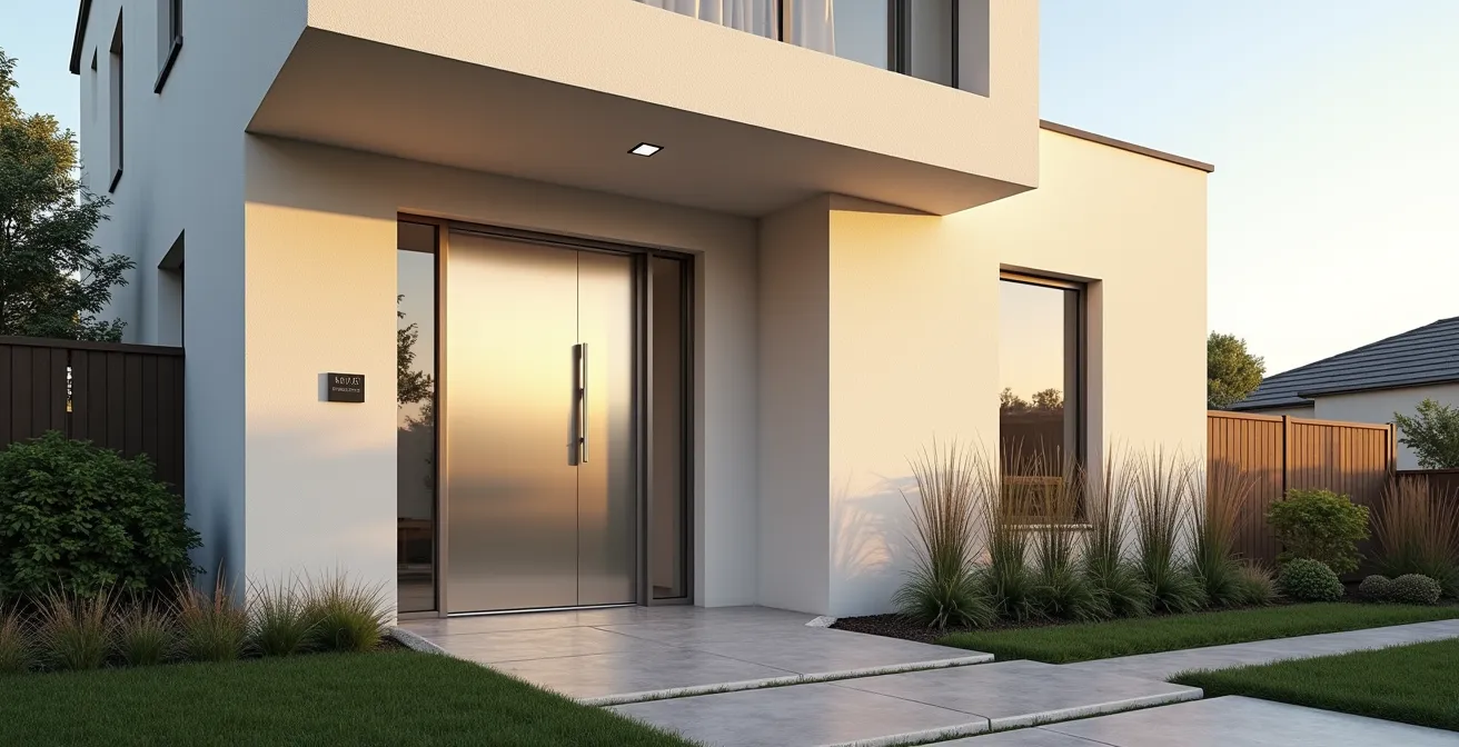 Vue extérieure d'une porte d'entrée moderne sécurisée dans un environnement résidentiel
