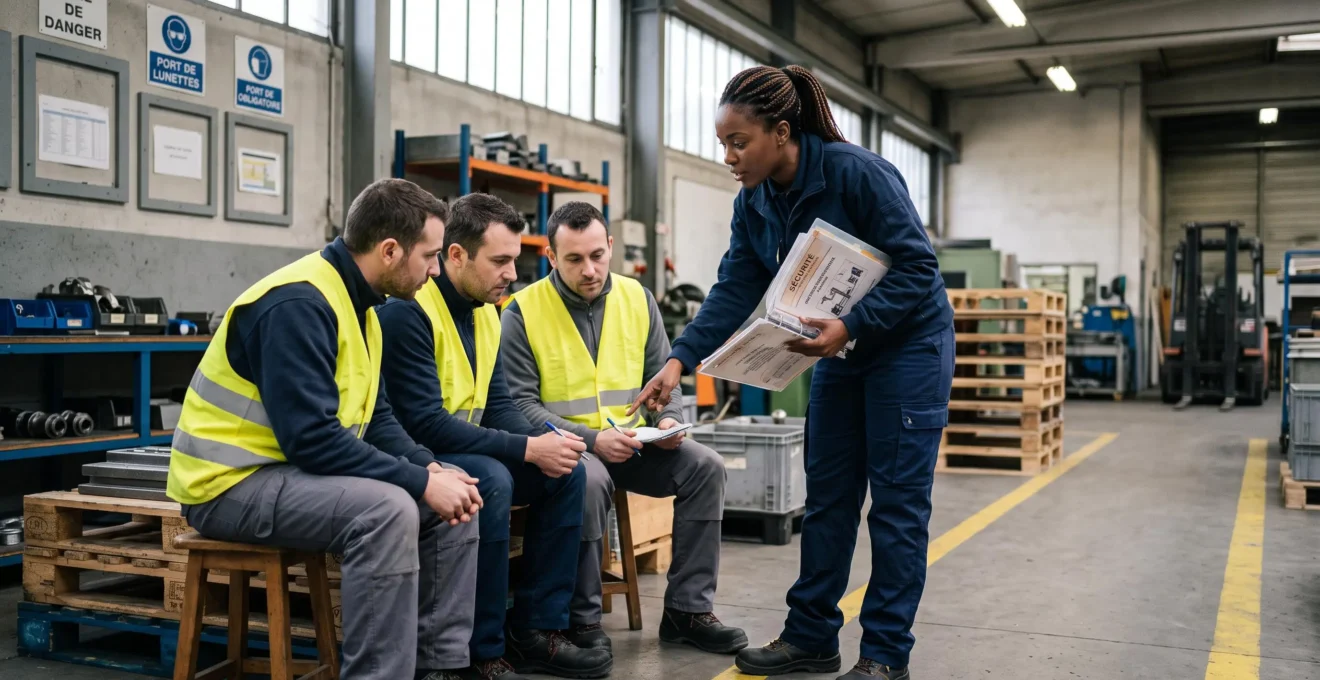 Un coordonnateur de prévention présente un manuel de santé et de sécurité à des salariés assis dans un atelier industriel en France.