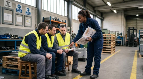 Un coordonnateur de prévention présente un manuel de santé et de sécurité à des salariés assis dans un atelier industriel en France.